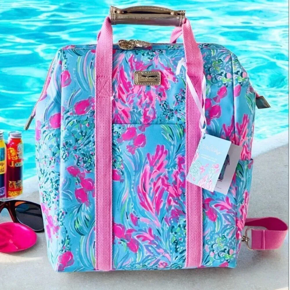 NWT Lilly Pulitzer backpack cooler pink green blue Best fishes lunch beach bag